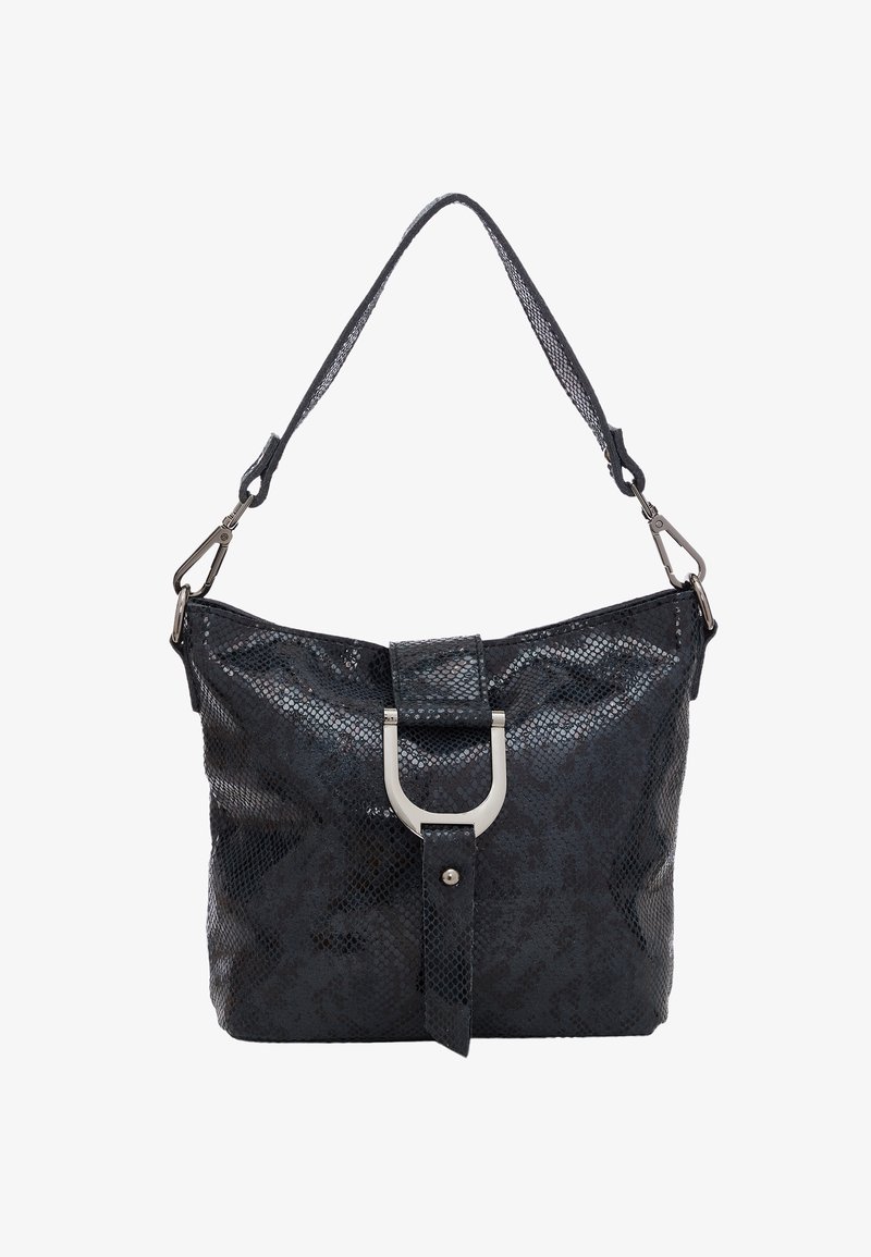 Borsa nera con texture e motivo in pelle di serpente, dotata di accessori in metallo argentato e di una tracolla rimovibile. Design compatto e slanciato.