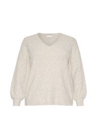 Cremefarvet sweater med V-udskæring, lange pufærmer og spredte, subtile paletter. Blød tekstur med ribbede manchetter og kant.
