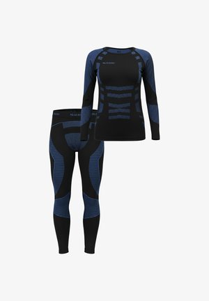 Schwarzes Thermo-Baselayer-Set mit langärmeligem Oberteil und Leggings. Verfügt über blaue Akzente, strukturierte Muster und eine körpernahe Passform.