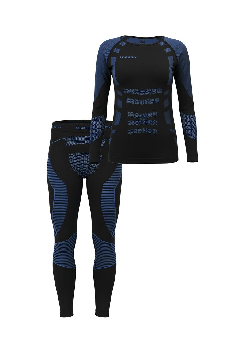 Black thermal base layer set with long-sleeve top and leggings. Features blue accents, textured patterns, and fitted design.