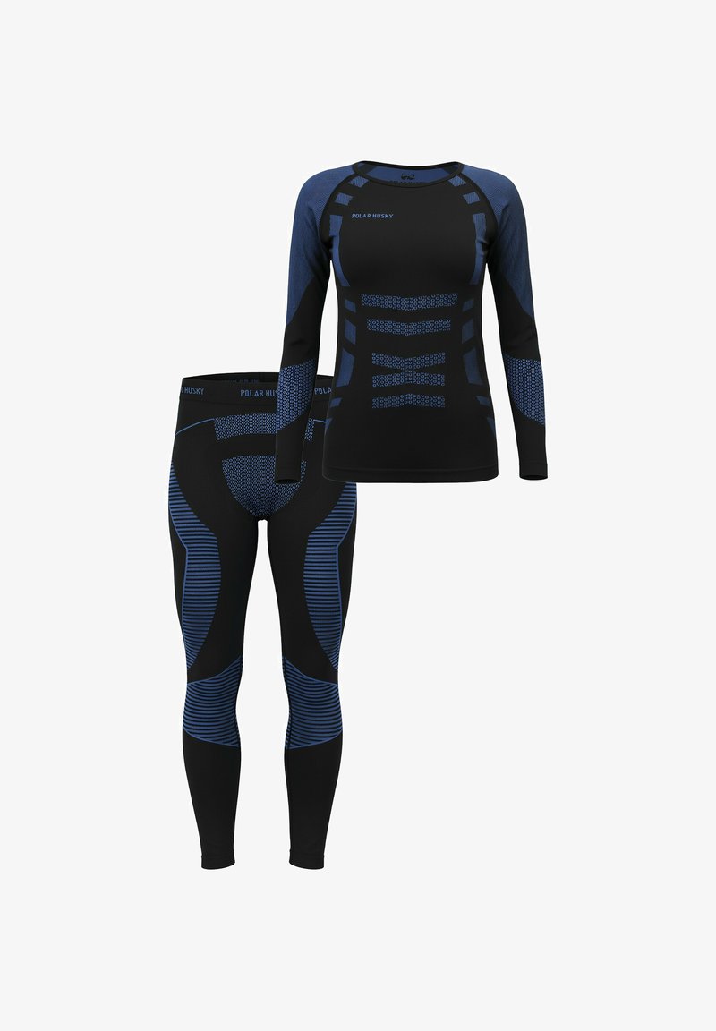 Schwarzes Thermo-Baselayer-Set mit langärmeligem Oberteil und Leggings. Verfügt über blaue Akzente, strukturierte Muster und eine körpernahe Passform.