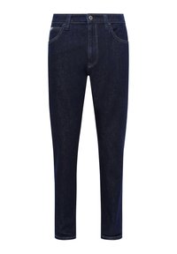 Dark blue denim jeans with a slim fit, five-pocket design, standard button closure, and contrasting stitching. Smooth texture, no patterns.