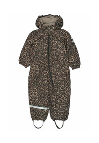 Leopard-print snowsuit in brown and black, with a fleece-lined hood, front zipper, elastic cuffs, and stirrups for secure fit.