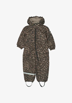 Leopard-print snowsuit in brown and black, with a fleece-lined hood, front zipper, elastic cuffs, and stirrups for secure fit.