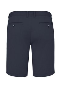 Marineblaue Shorts aus strukturierter Stoffqualität, mit zwei Gesäßtaschen mit Knopfverschluss und einem geraden Schnitt.