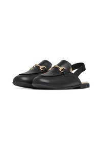 Scarpe slingback in pelle nera con punta arrotondata, dettagli decorativi in oro e una fascia elastica per una vestibilità sicura.