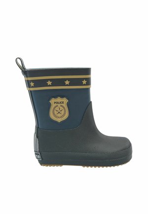 Botte de pluie à thème policier, bleu marine avec un badge doré, bandes décoratives dorées, semelle antidérapante et finition texturée.