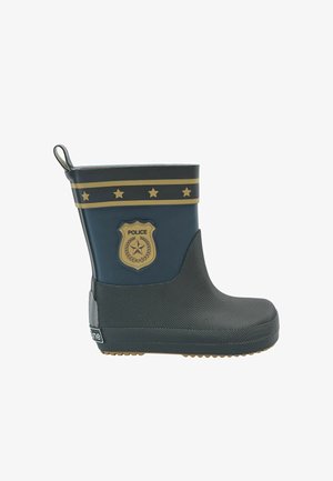 Botte de pluie à thème policier, bleu marine avec un badge doré, bandes décoratives dorées, semelle antidérapante et finition texturée.