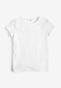 T-shirt en coton blanc uni à manches courtes avec encolure ronde, présenté sur un fond blanc.