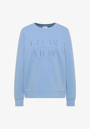 Light blue sweatshirt with a ribbed crew neck and long sleeves, featuring "CLEAR VIEW MINDS' REFLECTION" embroidered on the front.