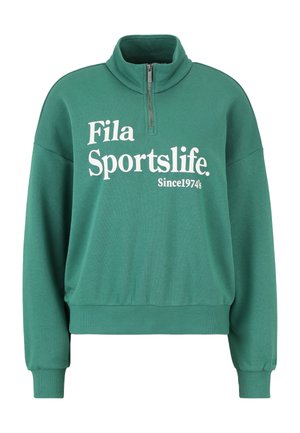 Vihreä collegepay interferenciado korkealla kauluksella, puolivetoketjulla ja pitkillä hihoilla. Mukana valkoinen "Fila Sportslife" -teksti ja "Since 1974" -yksityiskohta.