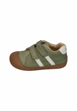 Green leather shoe with two white stripes, brown rubber toe cap and sole, Velcro straps, and a cushioned interior.