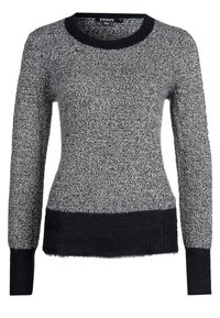 Pull en maille gris et noir à manches longues, col rond, tissu texturé et ourlet noir uni. Présente une texture douce et légèrement duveteuse.