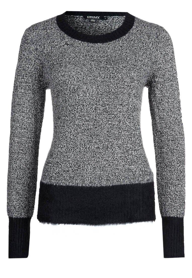 Pull en maille gris et noir à manches longues, col rond, tissu texturé et ourlet noir uni. Présente une texture douce et légèrement duveteuse.