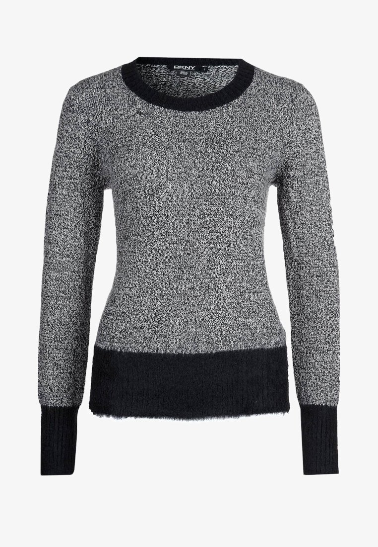 Pull en maille gris et noir à manches longues, col rond, tissu texturé et ourlet noir uni. Présente une texture douce et légèrement duveteuse.