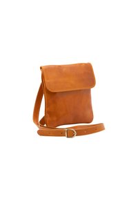 Borsa a tracolla in pelle marrone con chiusura a pattina, texture liscia, tracolla regolabile e design minimalista. Nessun hardware aggiuntivo visibile.