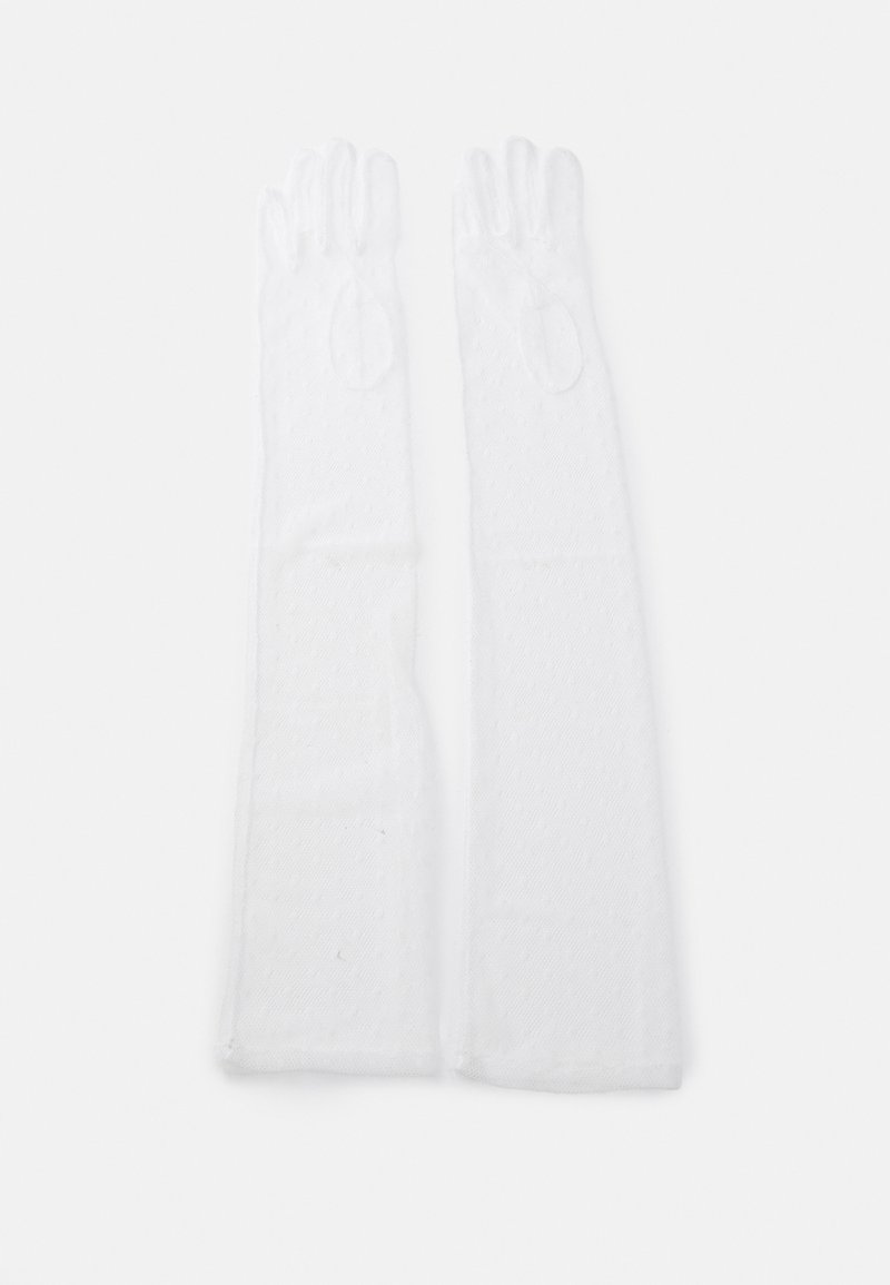 White lace gloves featuring a long design, textured with small dots, open fingers, and oval cutouts at the wrist.