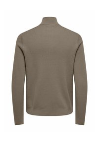 Brown ribbed sweater with a high collar and long sleeves, featuring a snug fit and soft texture. Simple design without visible hardware.