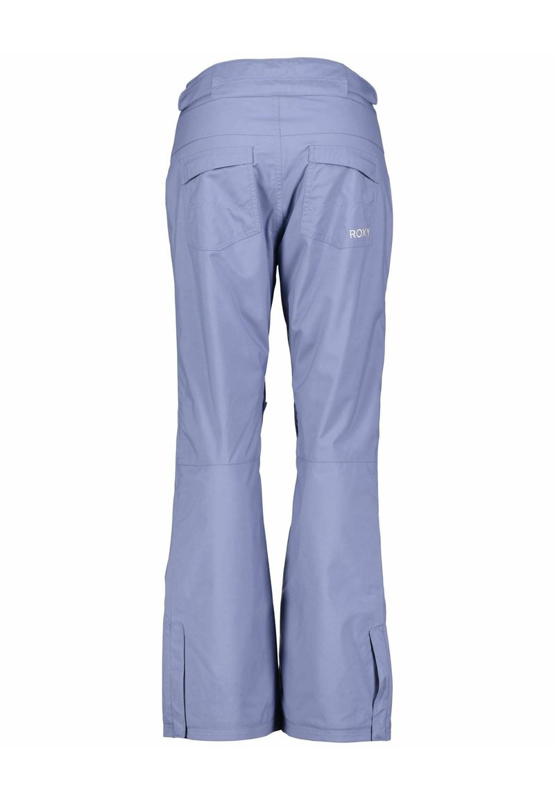 Pantalons de neige bleu clair avec une coupe droite, grandes poches latérales et ouvertures réglables sur les côtés. Logo Roxy sur la poche arrière.