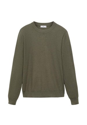 Olive green knitted sweater with long sleeves, ribbed cuffs, and a round neckline. Features a subtle texture and solid color design.