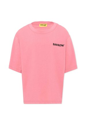 Różowy T-shirt z krótkim rękawem i okrągłym dekoltem oraz czarnym logo "BARROW" nadrukowanym na lewej piersi.