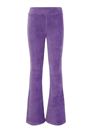 Purple corduroy flared pants with vertical ribbing, an elastic waistband, and a smooth texture. Designed for a relaxed fit.