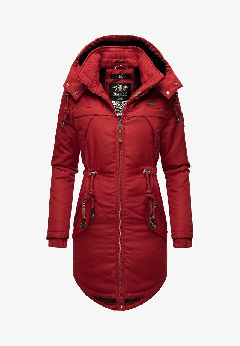 Red insulated parka with a drawstring waist, zippered front, and ribbed cuffs. Features a hood and patterned lining. Soft, textured fabric.