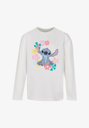 Langarm-weißes T-Shirt mit einem Cartoon-Charakter, umgeben von bunten Blumen in den Farben Rosa, Gelb und Türkis.