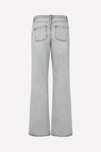 Light gray denim wide-leg jeans with a high waist, five pockets, and subtle stitching details on the back. Smooth texture and relaxed fit.