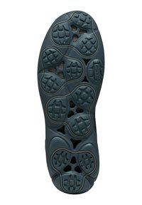 Suola di sneakers in gomma nera caratterizzata da un battistrada con motivi a forma circolare e rettangolare, inclusi fori di ventilazione per la traspirabilità.