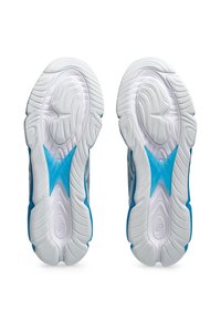 Schoenzolen met een witte textuur, voorzien van een blauw centraal designelement. Gebogen, ergonomische vorm met opvallende profielpatronen.