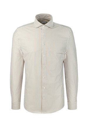 Chemise boutonnée en tissu léger, présentant des rayures verticales marron clair et crème, un col pointu, des manches longues et une poche poitrine.