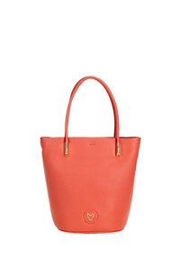 Borsa tote in pelle arancione a ciottoli con due manici superiori, dettagli in metallo dorato, apertura superiore e logo impresso sul fronte.
