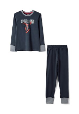 Kinders Schlafanzug-Set in Marineblau mit Spider-Man-Motiv, langärmlig und Hose, gestreifte Bündchen und Halsbund, mit Spider-Man-Grafik auf dem Oberteil.