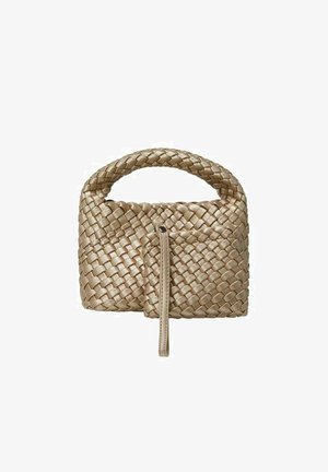 Vævet håndtaske i lys beige med et afrundet topgreb og en front lynlåslomme. Har et struktureret, sammenflettet design.