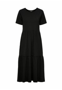 Czarna sukienka do kolan z miękkiego materiału, z krótkimi rękawami, okrągłym dekoltem oraz wielowarstwowym fasonem spódnicy z dwiema wyraźnymi sekcjami.