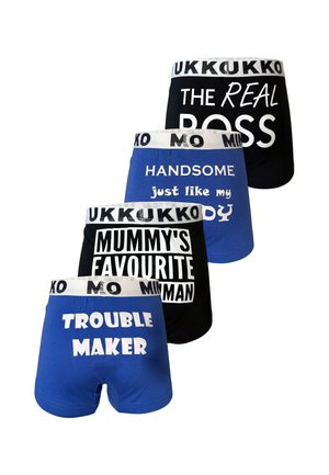 Cuatro pares de calzoncillos tipo bóxer para niños en negro y azul con frases: "THE REAL BOSS", "HANDSOME just like my DAD", "MUMMY'S FAVOURITE MAN" y "TROUBLE MAKER".