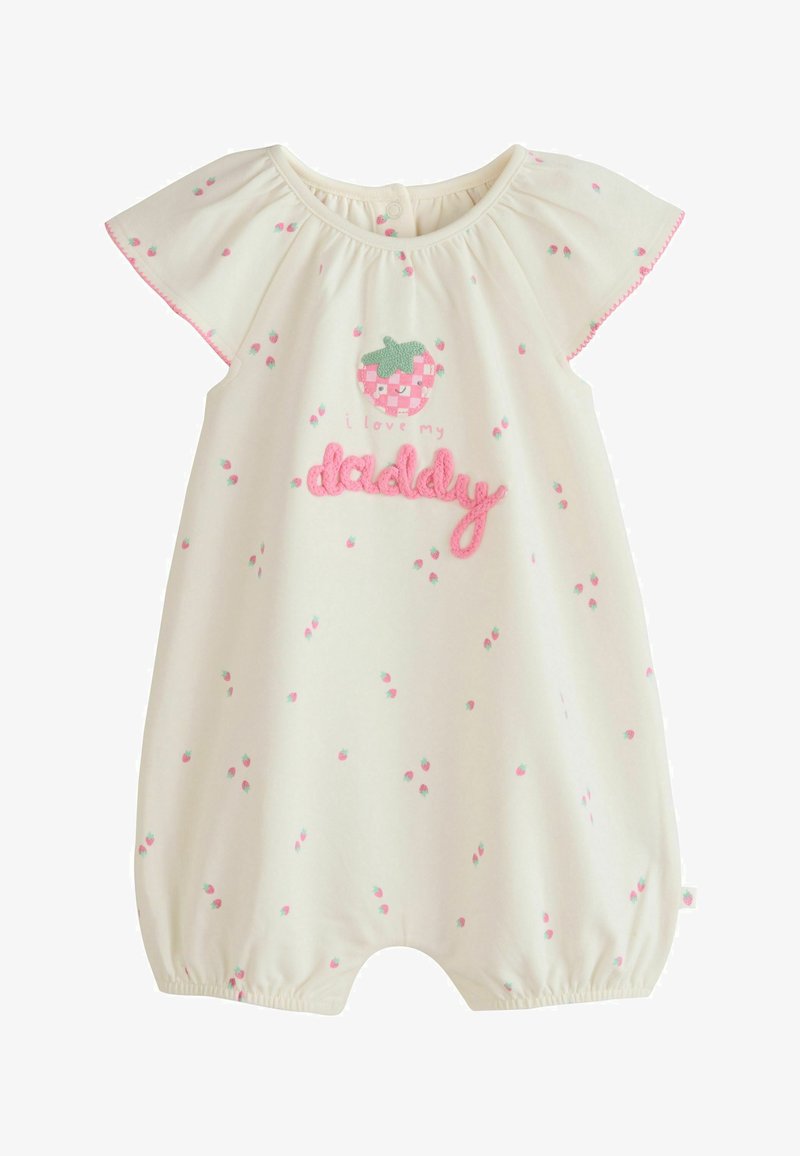 Barboteuse bébé crème avec motifs fraise roses, manches bouffantes, et "J'aime mon papa" brodé avec un motif de fraise souriante.