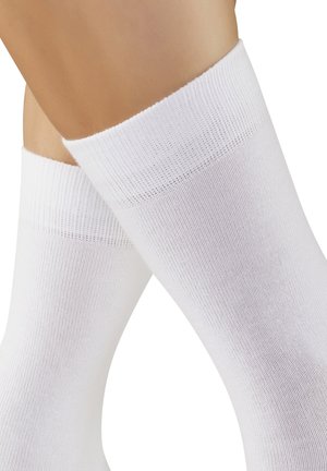 Weiße Baumwollsocken mit einem gerippten Bündchen und glatter Textur. Das Design ist schlicht, ohne Muster oder Verzierungen.