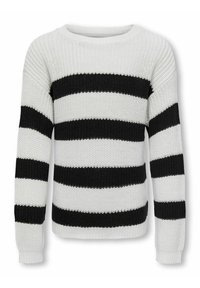 Maglione lavorato a maglia con audaci strisce orizzontali bianche e nere, scollo a girocollo, maniche lunghe e una finitura in tessuto testurizzato.