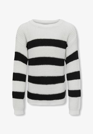 Pull en tricot présentant de larges rayures horizontales noires et blanches, col rond, manches longues et une finition en tissu texturé.