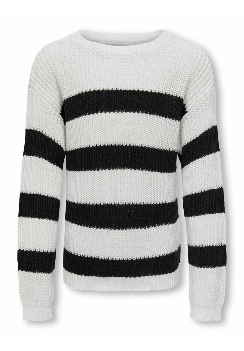 Maglione lavorato a maglia con audaci strisce orizzontali bianche e nere, scollo a girocollo, maniche lunghe e una finitura in tessuto testurizzato.