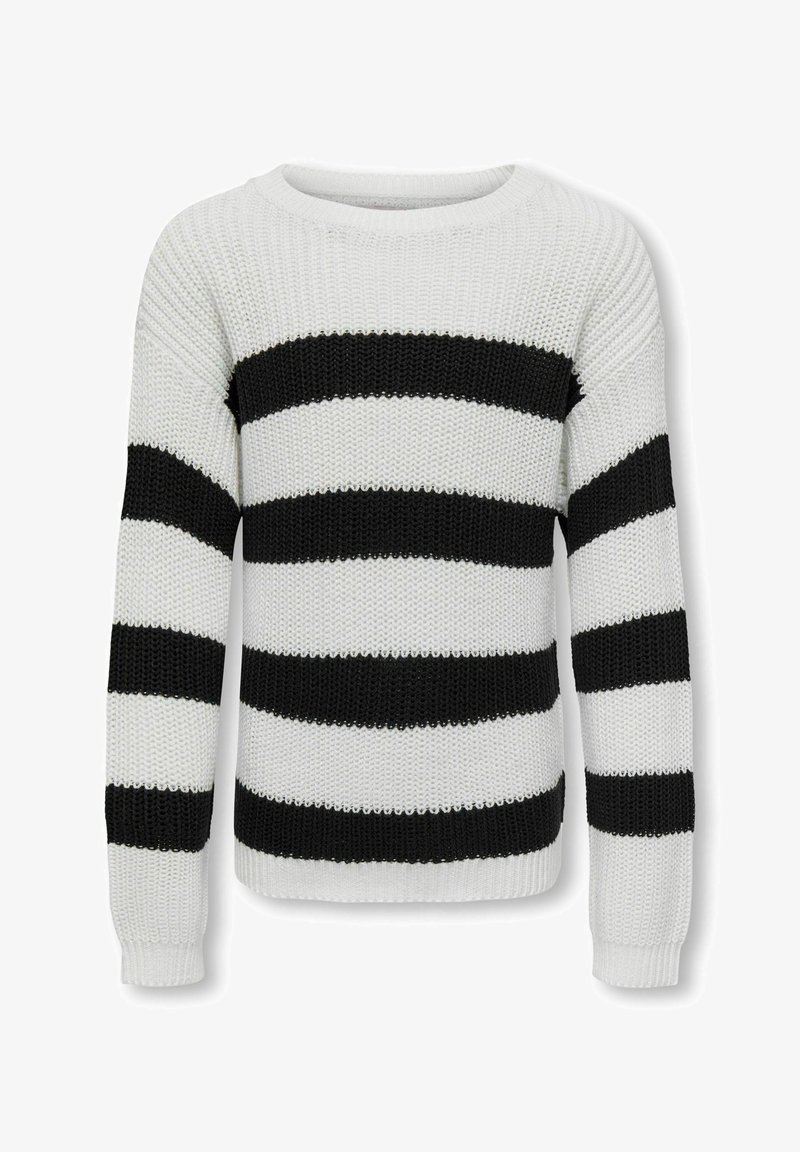 Gestrickter Pullover mit auffälligen schwarz-weißen horizontalen Streifen, Rundhalsausschnitt, langen Ärmeln und einer strukturierten Oberflächenbeschaffenheit.