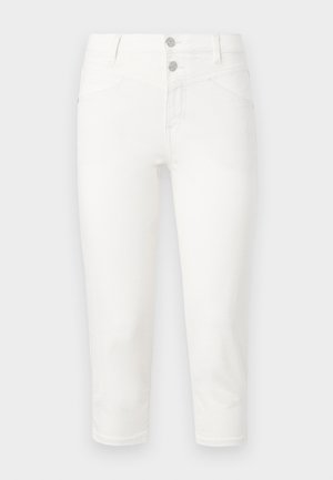 Fehér, rövidített farmernadrág pamut keverék anyagból készült. Két elülső zsebbel, két hátsó zsebbel és sima felülettel rendelkezik. Fém gombbal záródik.