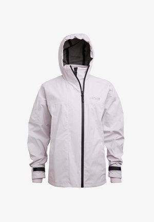 Roze waterdichte jas met capuchon, zwarte rits, elastische manchetten en mesh voering. Heeft een logo op de borst en meerdere zakken.