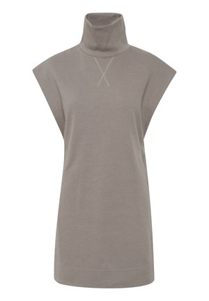 Pilkas be rankovių tunikas su aukštu apykakle, sustiprintomis siūlėmis kryžminiu raštu kaklo srityje ir tiesia apatine linija.