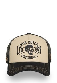 Casquette de camionneur noire et beige avec un avant structuré, ornée d'un motif de crâne et du logo "VON DUTCH" ; dos en maille et coutures contrastées.