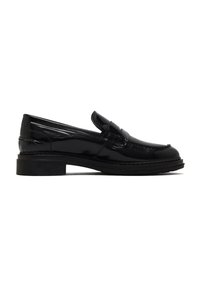 Zwarte gepatineerde leren loafers met een lage blokhak, voorzien van gestikte details en een decoratieve band over de wreef.