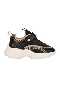 Baskets noires et beiges avec un motif zèbre, en cuir et en mesh, dotées d'une semelle blanche épaisse et d'une sangle Velcro avec un accent en forme de cœur.