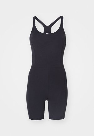 Črn enodelni kopalke s športnim dizajnom, ki vključuje racerback, brezšivno konstrukcijo in dve stranski žepke za dodatno funkcionalnost.